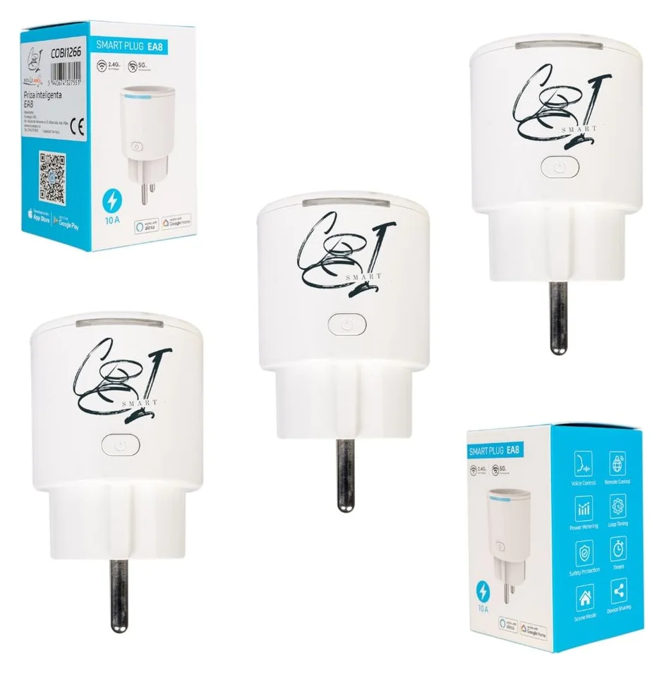 Set 3 prize inteligente SMARTPLUG EA8, control Tuya, compatibile Google Assistant/Alexa, alb, 10A, 2500W
