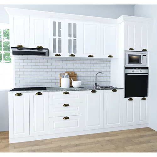 Set bucatarie cu soft-close si fronturi MDF, Badenmob, seria Square, L260x60x2100cm, alb rustic