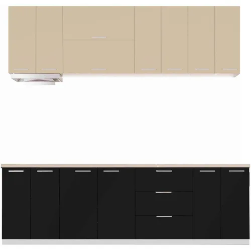 Set Mobila Bucatarie KringX Touch, 260x190x60 cm, MDF, culoare capucino sidefat lucios, Negru lucios
