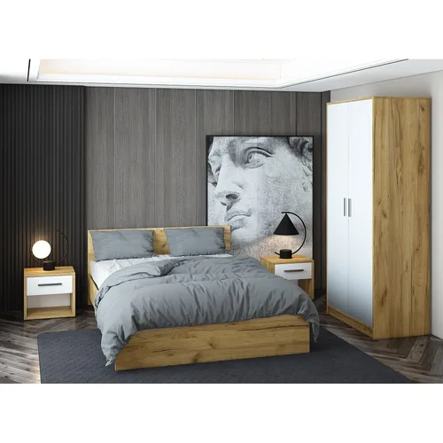 Set Mobila Dormitor Asaro Aria , Pat 160x200 cm, Dulap, 2 Noptiere, Culoare Stejar Artizan/ Alb