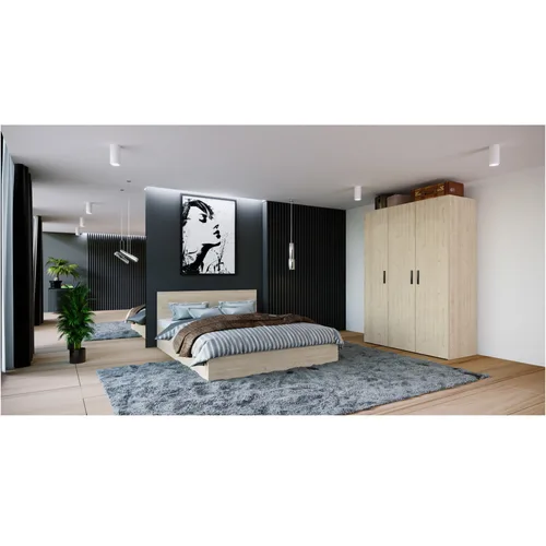Set Mobila Dormitor Irim Pito , Pat 140x200 cm, Dulap 3 usi, Culoare Nuc Virginia