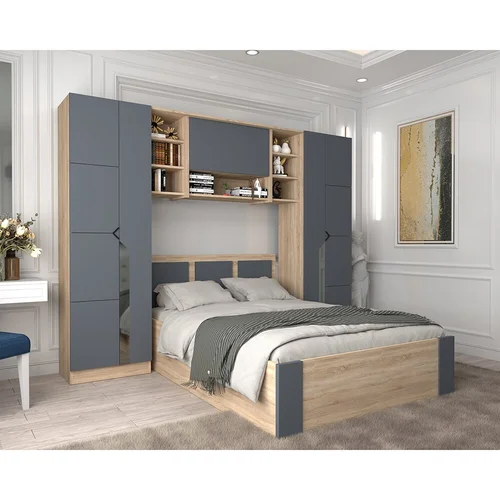 Set Mobila Dormitor KringX Mary, 270x40x203, pat 140x200, culoare sonoma/grafit
