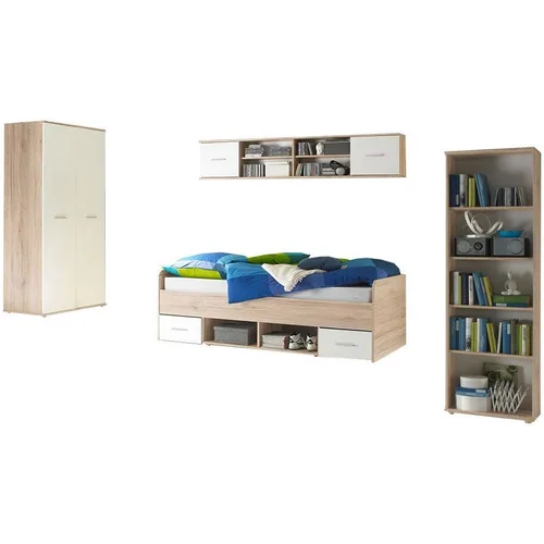 Set Mobila Dormitor tineret Nanu, Pat 90x200, Dulap, Raft, Raft suspendat, Culoare Stejar SanRemo