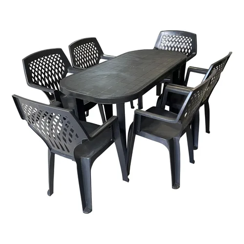 Set mobilier gradina DacEnergy©, fabricat din polipropilena, forma ovala, cu 6 scaune, o masa, 140 x 70 x 70 cm, gri antracit