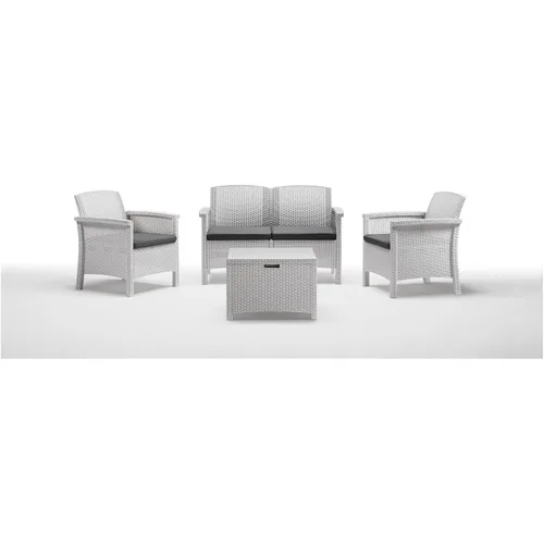 Set mobilier gradina/terasa Venetia, canapea 2 locuri, 2 fotolii, masuta depozitare, astpect ratan, polipropilena, perne incluse, alb