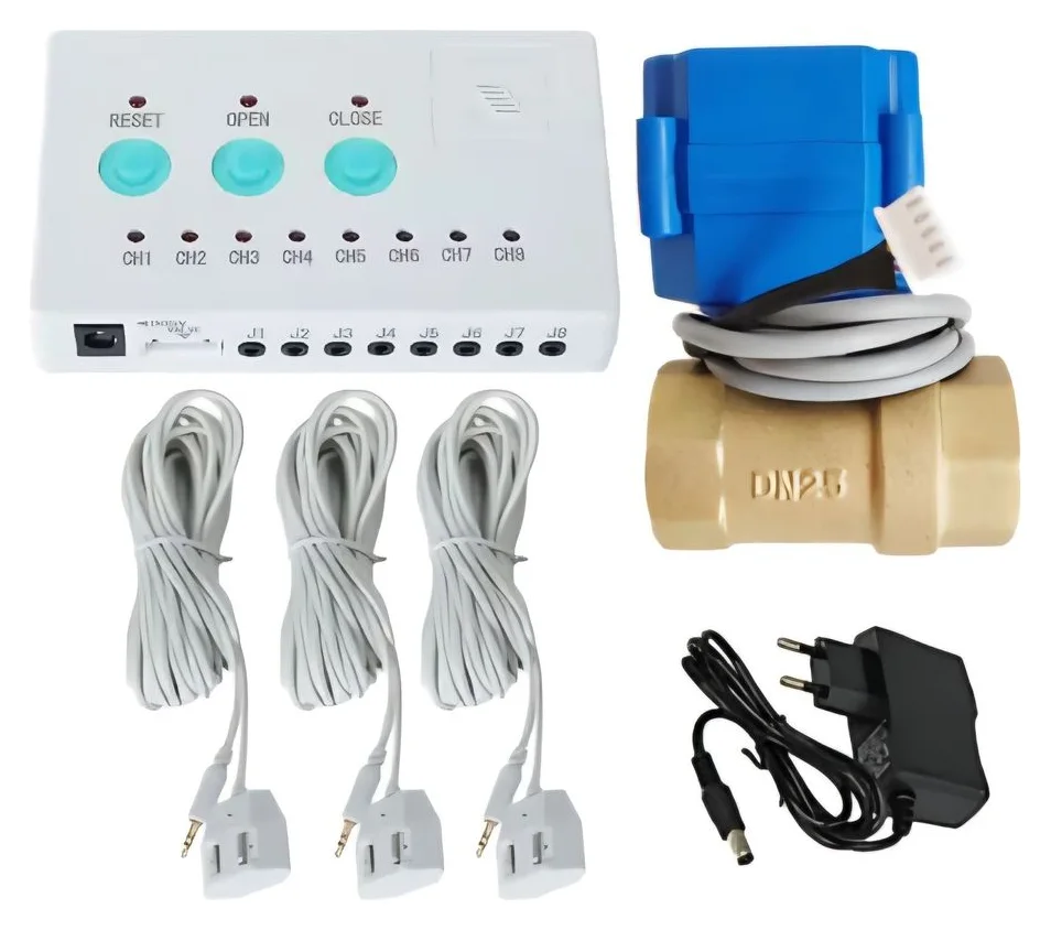 Sistem automat impotriva inundatilor Zenark Stop-Leak SL-15, Electrovalva automata Fast-Lock DN20 3/4, 3 senzori 360 cu cablu, Automatizare 8CH, Alarma anti-inundatie incorporata, Adaptor retea inclus