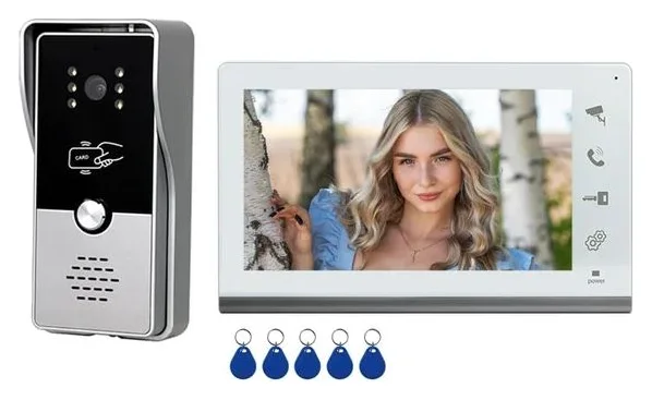 Sistem video de interfon cu ecran de 7 inchi, CRISTALIS SALE™, Videointerfon cu 5 chei de acces, Vedere nocturna, Sonerie de usa pentru vila sau apartament, Gri cu Alb