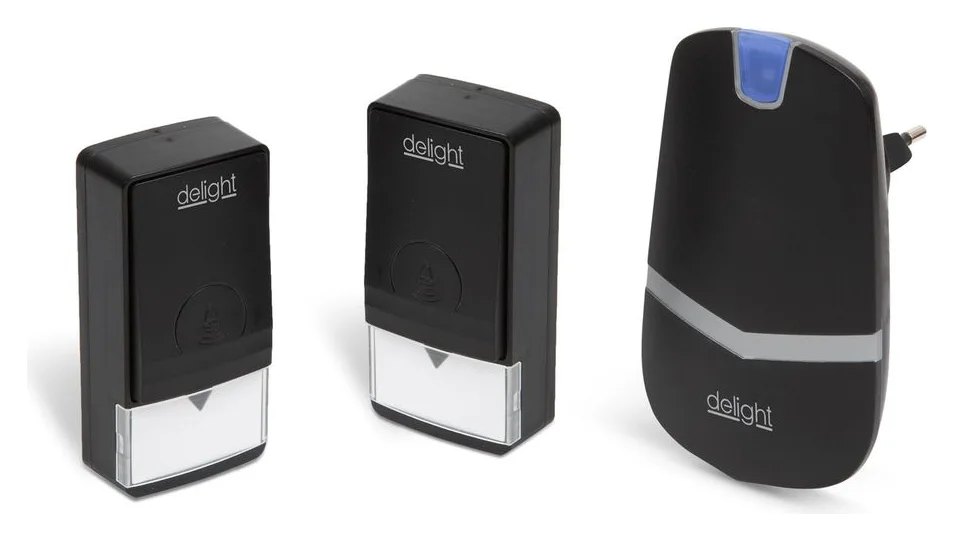 Sonerie digitala fara fir si fara baterie Delight Kinetic, cu 2 unitati de exterior, 20 tonuri, autoalimentare, 433 MHz, 200-240 V CA, IP44, 100 m, Negru