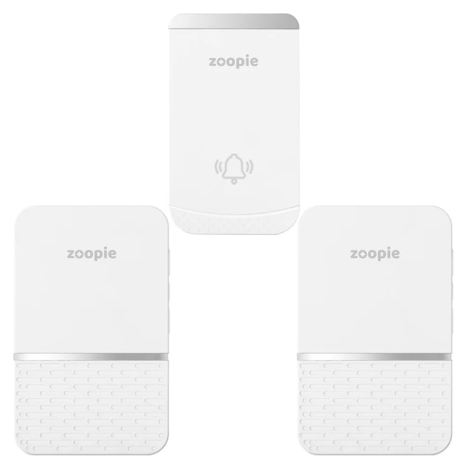 Sonerie fara fir, Zoopie® RING, Sonerie wireless exterior pentru poarta casa/ usa apartament, digitala, electrica, doorbell cu baterii, rezistenta la apa IP44, distanta 260m, kit montaj perete, dubla, 2 receptoare, alb
