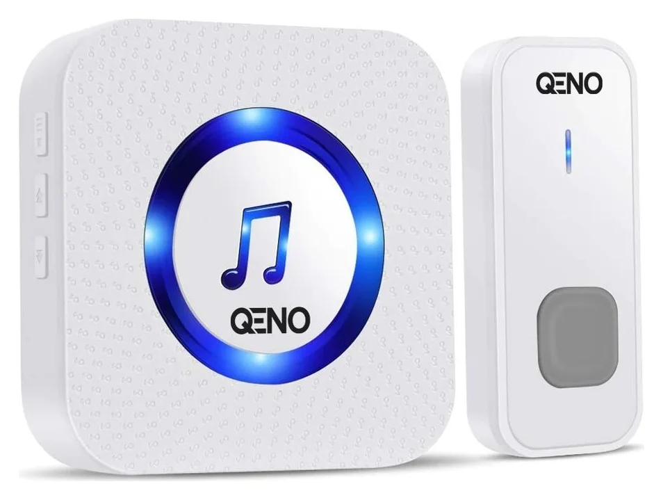 Sonerie Fara Fir Wireless Qeno® Distanta 300 M, Fara baterii Incluse, Rezistent La Apa, 5 Trepte Volum Pana la 120 dB, 60 De Melodii, Alb