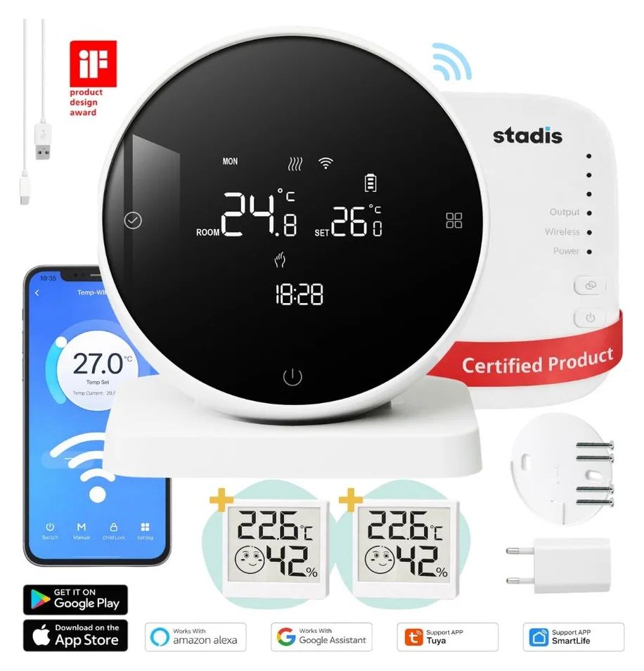 Termostat de ambient Smart STADIS™, WiFi, RF Wireless, Controlat prin Internet/Telefon, Compatibil cu Orice Centrala Termica, Programabil, Receiver inclus, Tuya / Google Home / Alexa, Accesorii, 2 x HigroTermometre incluse, Alb
