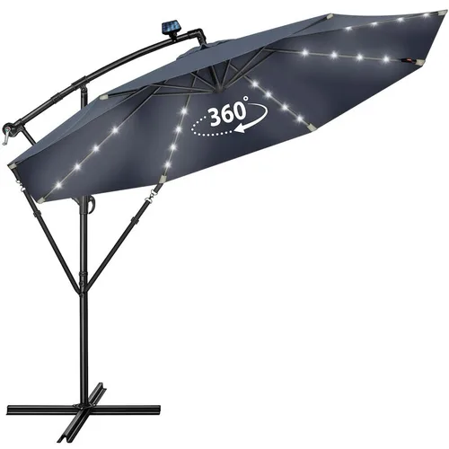 Umbrela terasa/gradina cu lumina LED, husa protectie, panou incarcare solara, protectie UV 50+, rotire la 360°, inclinatie reglabila, manivela, Ø 300 cm, albastru inchis