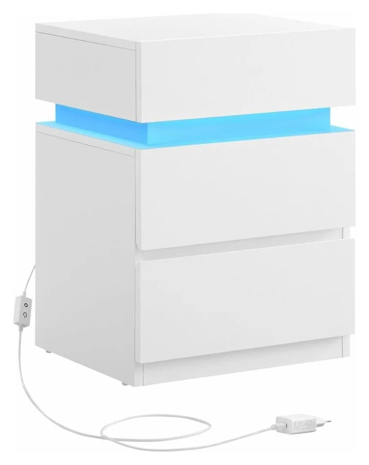 VASAGLE Noptiera din MDF cu iluminare LED, culori si intensitate reglabile, 35x40x55cm, alb